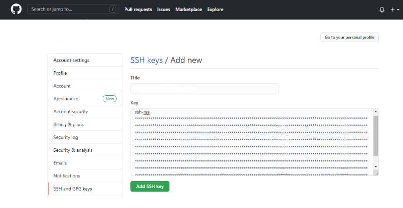 GitHub Add SSH Key Form