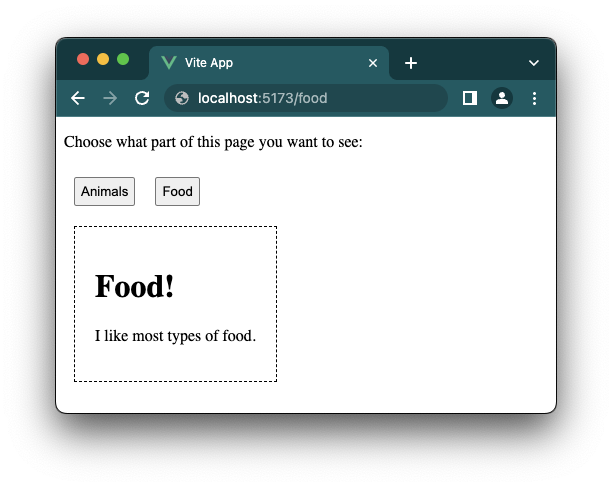 Vue Router showing food content with /food URL