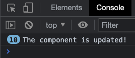 Browser console screenshot after clicking Add/Remove Component 10 times